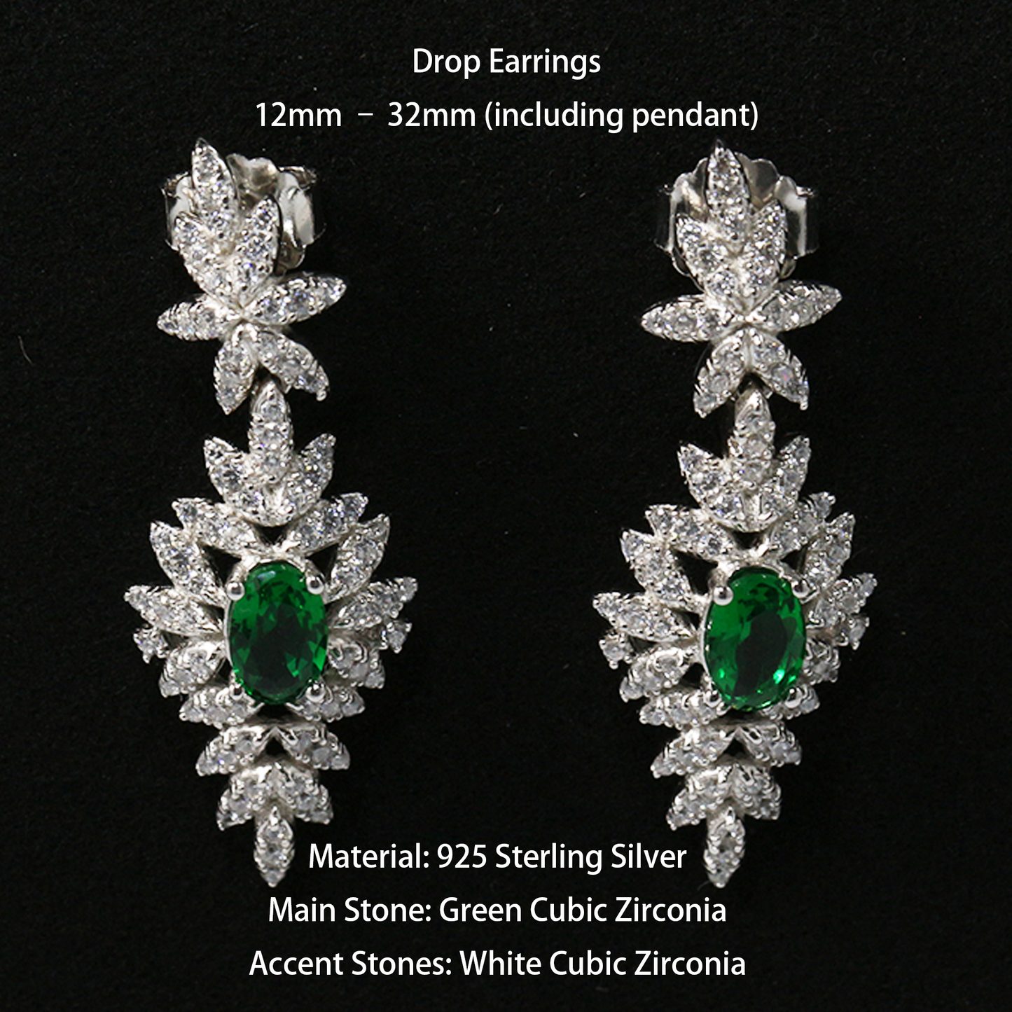 Royal Emerald Glow Drop Earrings – Green and White CZ, 925 Sterling Silver, Vintage Arabian Style for Women