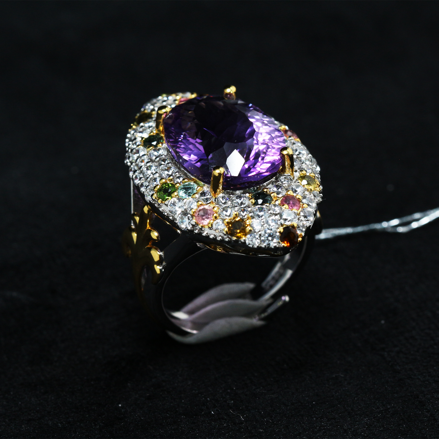 One-of-a-Kind Amethyst Ring with Multicolor Zircon Accents