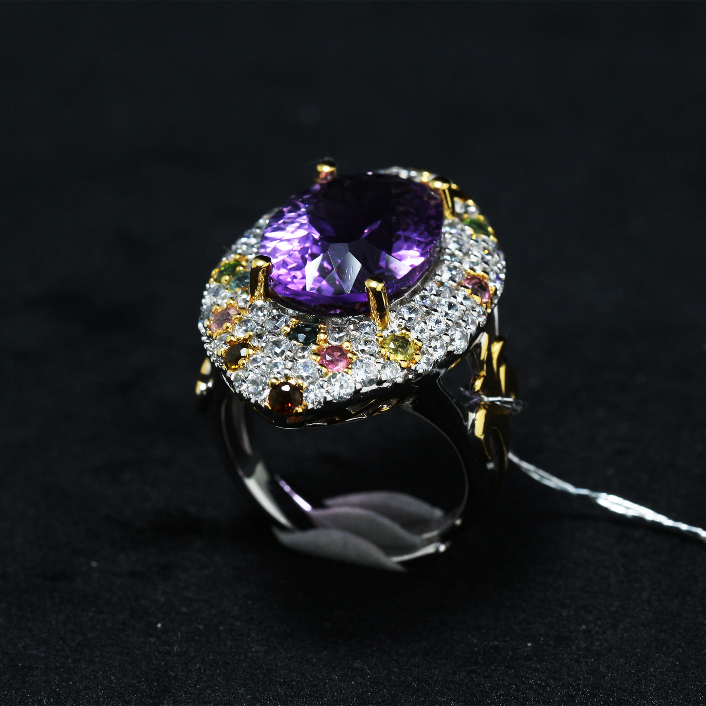 One-of-a-Kind Amethyst Ring with Multicolor Zircon Accents